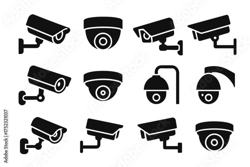 Various cctv security camera icons collection in black and white