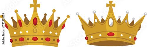 Golden crown, royal headwear, red jewel, white gem, ornate design, monarchy symbol, regal accessory, ceremonial crown, vintage royalty, majestic power