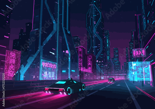 Cyberpunk Cityscape with Futuristic Cars and Neon Lights.