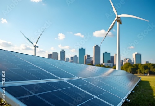 solar cells with wind turbines generating electricity in hybrid power plant systems station on blue sky background alternative renewable energy from nature Ecology concept.