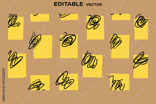 Abstract yellow rectangles with black scribbles on a brown background