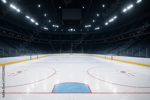 An expansive view of an empty ice hockey rink, showcasing the pristine frozen surface, illuminated by bright overhead lights in a modern arena setting.