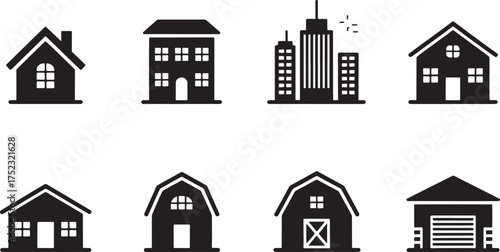 Collection of Eco Friendly Residential and Commercial Property Building Icons Representing Diverse Architectural Styles for Sustainable Living and Urban Development