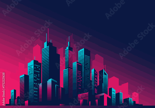 Vibrant Cityscape Silhouette with Neon Pink and Blue Hues.