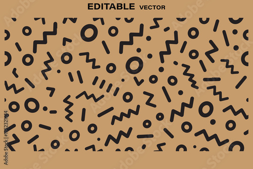 Abstract memphis style pattern with geometric shapes on brown background