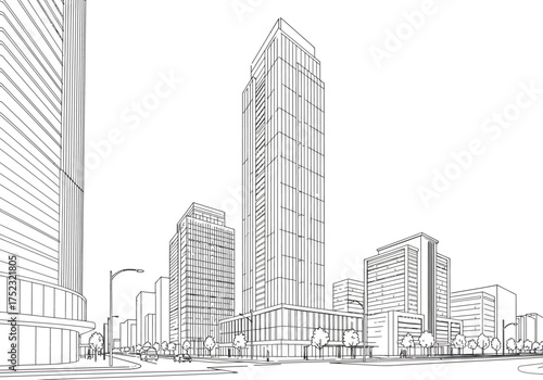 Architectural Sketch of a Modern Cityscape with High-Rise Buildings.