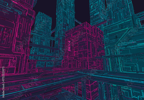 Cyberpunk Cityscape with Neon Pink and Teal Architectural Structures.