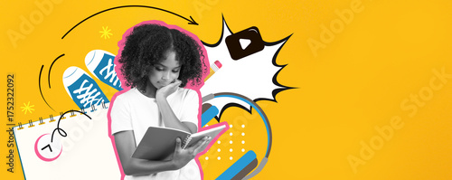 Bilde på lerret A young girl with curly hair focuses on reading a notebook, surrounded by playful graphics like sneakers and sound icons