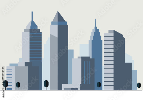 Stylized Cityscape Illustration with Modern Buildings and Minimalist Trees.