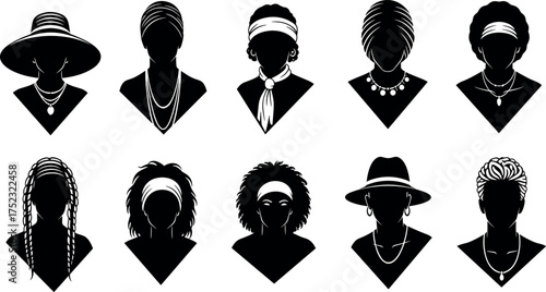 A diverse vector collection of female head silhouettes, showcasing varied hairstyles, hats, and fashion accessories, perfect for identity, beauty, and modern graphic design