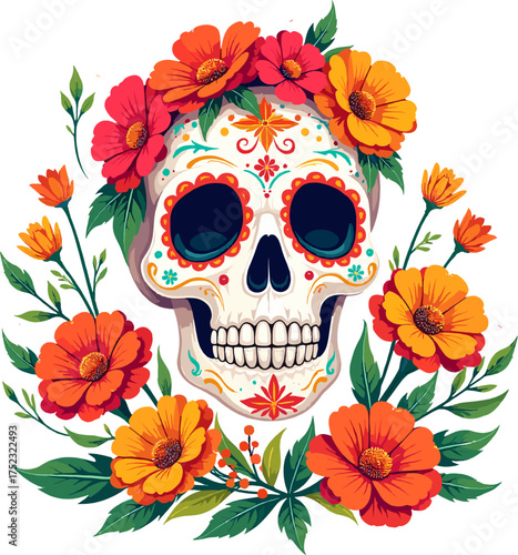 Colorful sugar skull decorated with bright marigold flowers