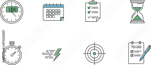 Time management icons showing clock, calendar, checklist, hourglass, stopwatch, energy, target, and schedule