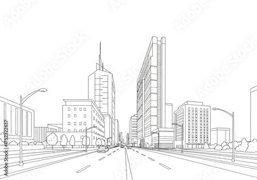 Urban Cityscape Perspective with Buildings and Street.