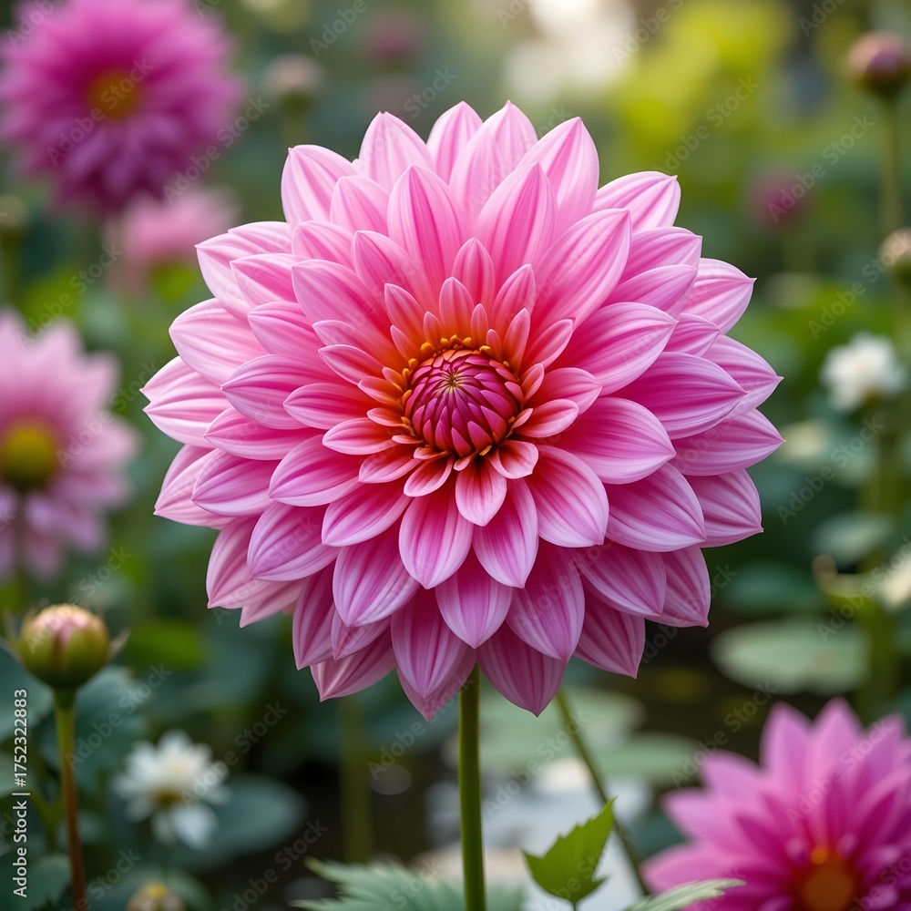 Fototapeta premium vibrant pink dahlia flower blooming among green leaves garden close up