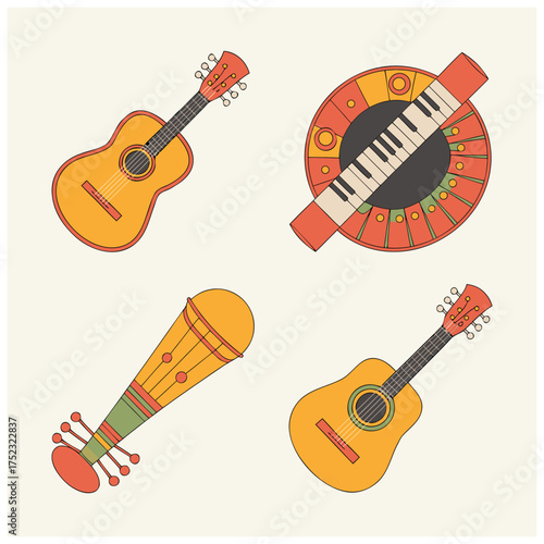 A set of flat vector illustrations of classic and ethnic musical instruments.