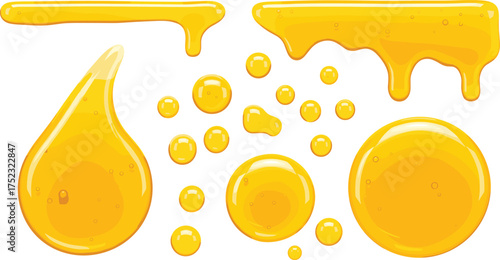 Honey drops, golden syrup, dripping liquid, glossy texture, vector illustration, amber color, sweet design, sticky substance, realistic droplets, food art, organic shape, teardrop pool, round droplet,