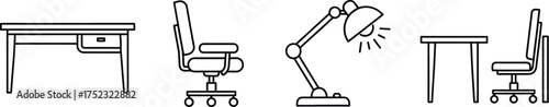 Line art illustration showcasing office furniture arrangement with desk, chair, lamp, and smaller table setup