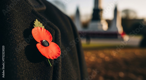Closeup of a poppy on a coat lapel for remembrance day commemoration