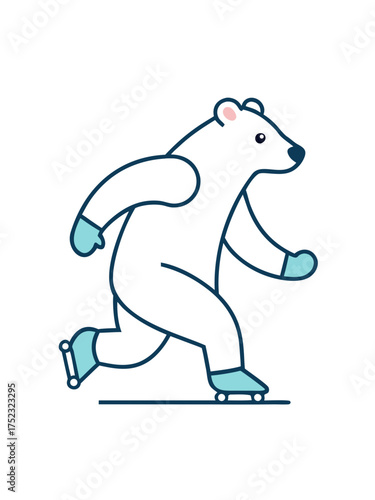 Joyful modern flat vector illustration of a polar bear ice skating with skates and mittens