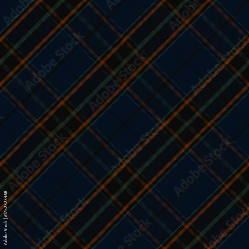 Classic dark tartan plaid pattern featuring navy, green, and brown colors, For textile, fabric, and men’s fashion design. Seamless vector background for elegant decoration. Vector illustration.