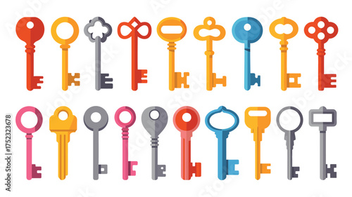 Collection of colorful antique and vintage keys in a variety of shapes