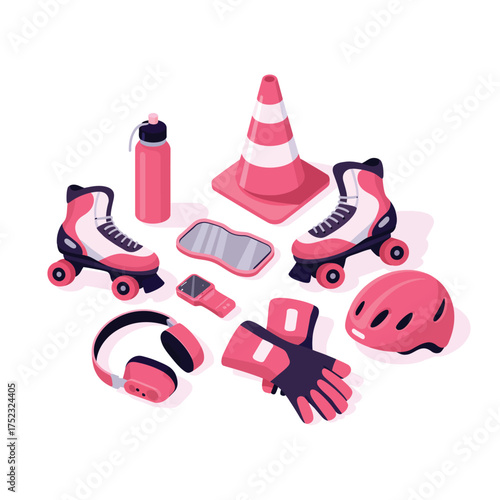 Roller skating equipment and safety gear arranged in a playful composition