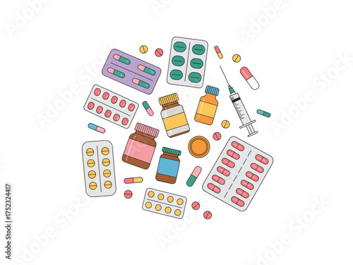 Collection of colorful medical pills capsules and syringes arranged in a circle