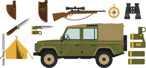 Outdoor adventure gear, hunting equipment, vector illustration, off-road vehicle, camping setup, survival tools, rifle, knife sheath, compass, binoculars, tent, tactical, expedition, scout, wild,