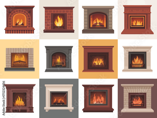 Collection of twelve different fireplaces with glowing flames