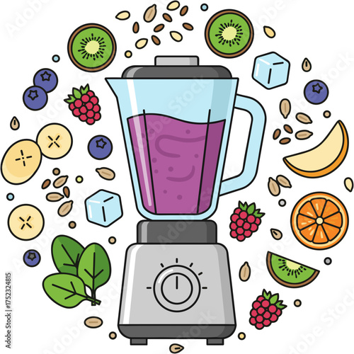Blender surrounded by fruits and healthy ingredients for smoothie making in bright colors, copy space