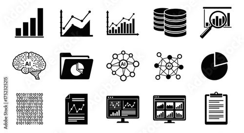 A collection of black and white data analysis and artificial intelligence silhouettes representing business intelligence and technology.
