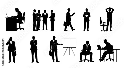 A collection of corporate businessman silhouettes in various office poses representing work stress and success.

