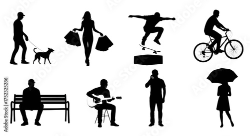 A collection of various urban and city life silhouettes showing people in different everyday recreational activities.
