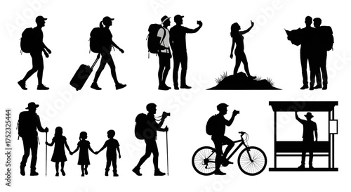 A collection of travel and tourism silhouettes showing people and families in various adventure and vacation poses.
