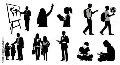 A collection of education and school life silhouettes showing teachers and students in various learning activities.
