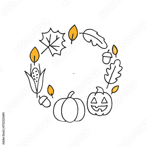 Autumnal wreath with pumpkin, corn, and leaves for harvest celebration