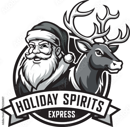 tyle Santa Mascot Holding Reindeer Reins Logo Design