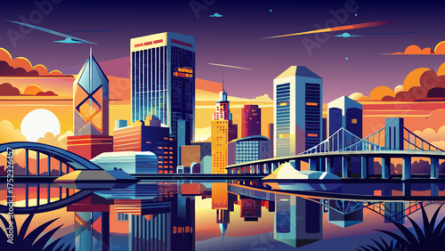 Very beautiful view of Jacksonville skyline reflected on calm bay waters, showing bridge and tall buildings under a golden evening sky.
