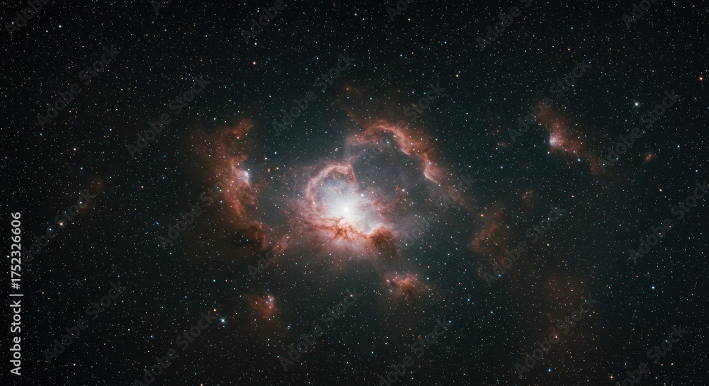 Fototapeta premium A nebula glows with vibrant reds and whites amidst a dark field of stars, creating a cosmic spectacle.