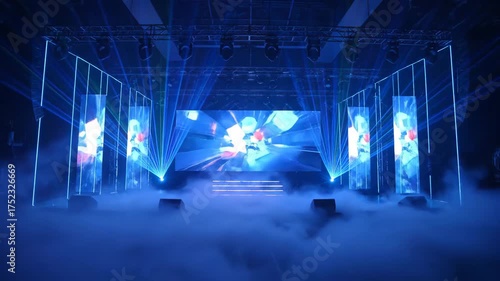Vibrant Stage Lighting and Smoke Show - A stage is illuminated with vibrant blue lighting, lasers, and a dynamic 3D animation displayed on multiple screens.