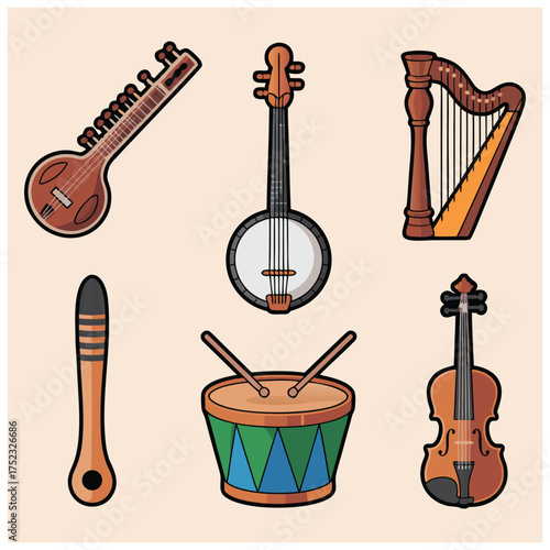 A set of flat vector illustrations of classic and ethnic musical instruments.