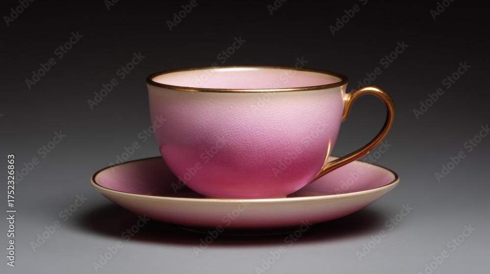 Obraz premium Close-up of a pink cup and saucer. the cup has a gold rim and handle, and the saucer is also pink. the background is a solid grey color.