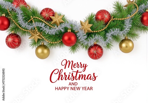 Festive winter holiday decorations with Christmas ornaments, garland, and seasonal greetings displayed