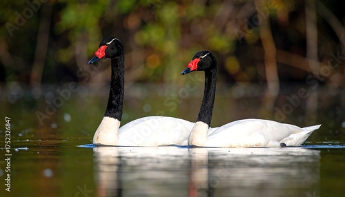 Two elegant black-necked swans floating serenely on a calm, reflective pond