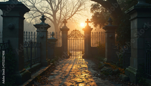 Sunrise Over Cemetery Gate and Pillars