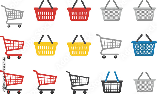 Shopping cart and basket set, retail icon collection, grocery elements, vector illustration, consumer goods, store tools, commerce graphics, market symbols