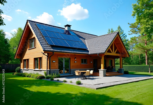 Solar Panel Station on Old House Roof with Wooden Facade and Dormers Windows. Modern Technology of Old House. Passive House