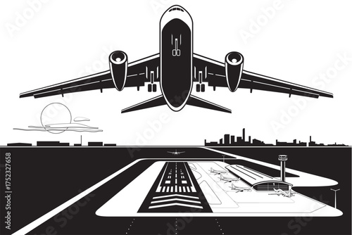 Passenger airplane taking off from runway at city airport – vector illustration