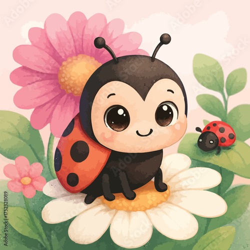 A cute and charming cartoon ladybug sitting happily on a white daisy flower in a garden