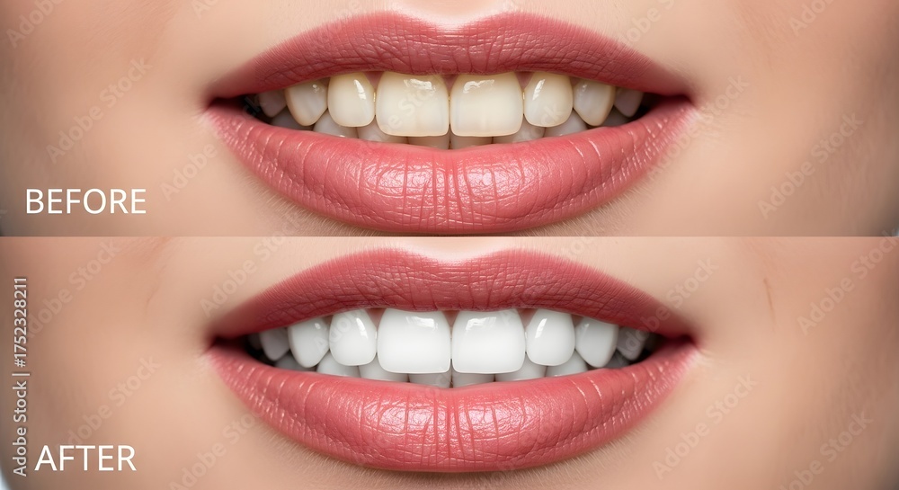 Fototapeta premium A before and after close-up shot showcases a person's whiter teeth, achieved through a whitening treatment, contrasted against soft focus skin, in bright lighting.